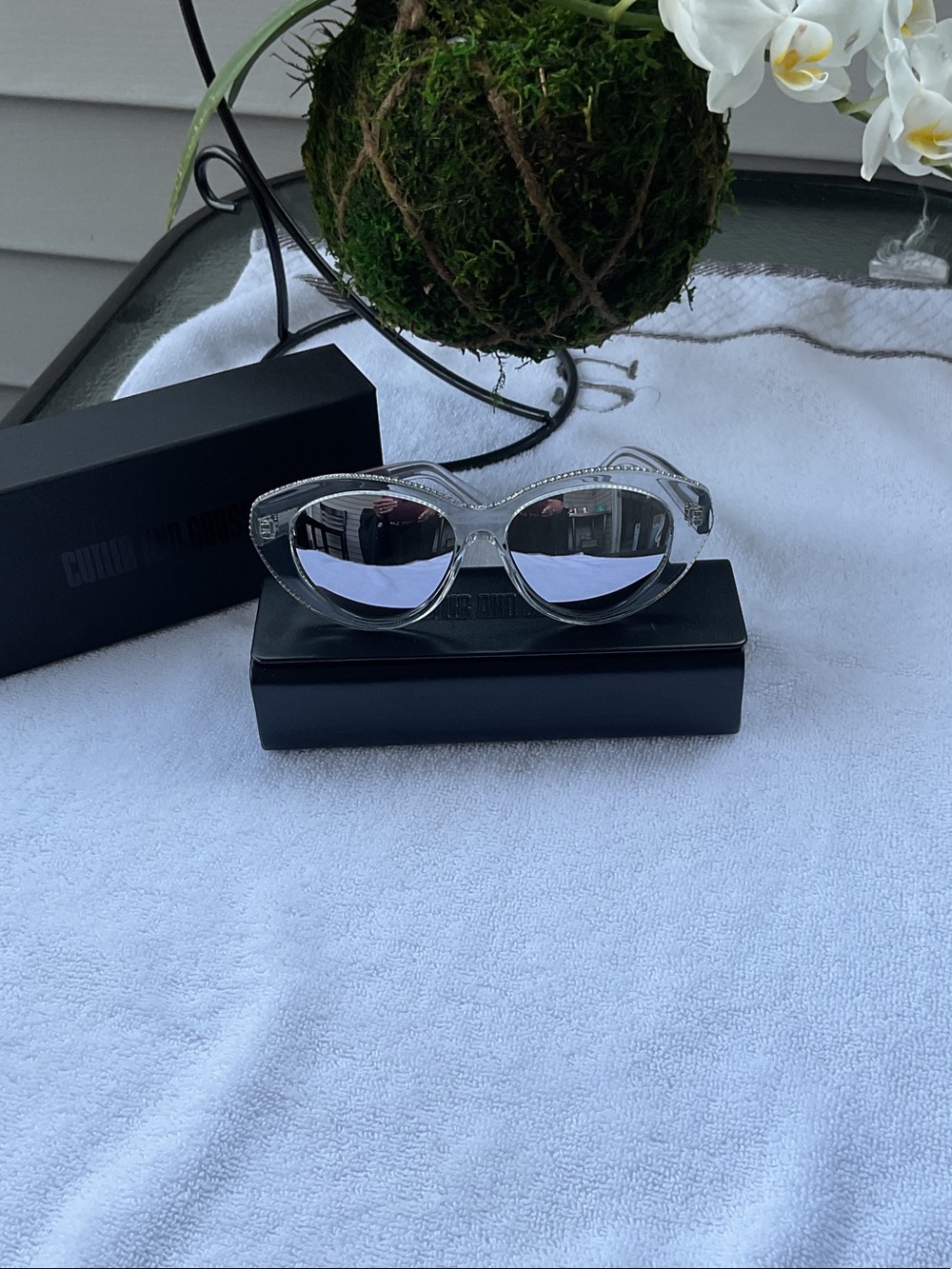 Crystal Cat-Eye Sunglasses with Silver Mirrored Lenses